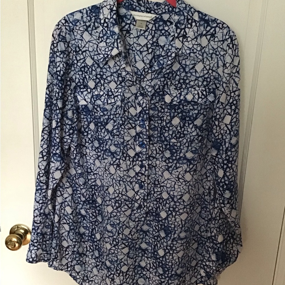 Christopher & Banks Abstract Blue and White Shirt